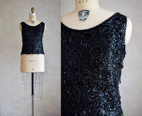 vintage black sequin blouse | vintage 1960s knit … - image 1