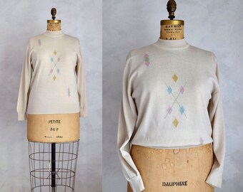 vintage 1990s Pringle cream lambswool sweater | vintage 90s mock neck knit sweater by Pringle with argyle motif