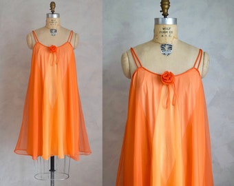 vintage 1960s colorblock nylon chiffon nightgown | 60s orange and melon trapeze nightgown | vintage babydoll nightie peignoir