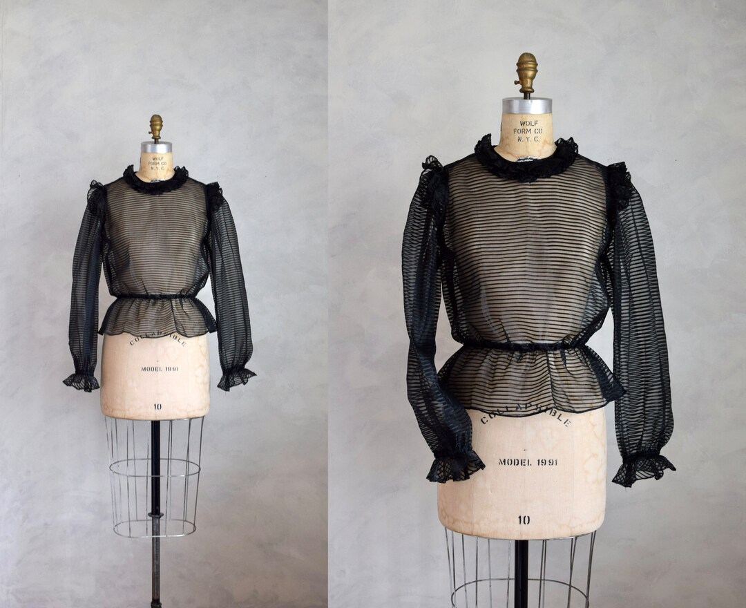 Vintage 1970s Sheer Peplum Top in Black Vintage 70s Sheer Blouse With