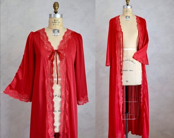 vintage 1980s lacy red robe | vintage 70s 80s bohemian boudoir wrapper | 80s floor length robe with bell sleeves