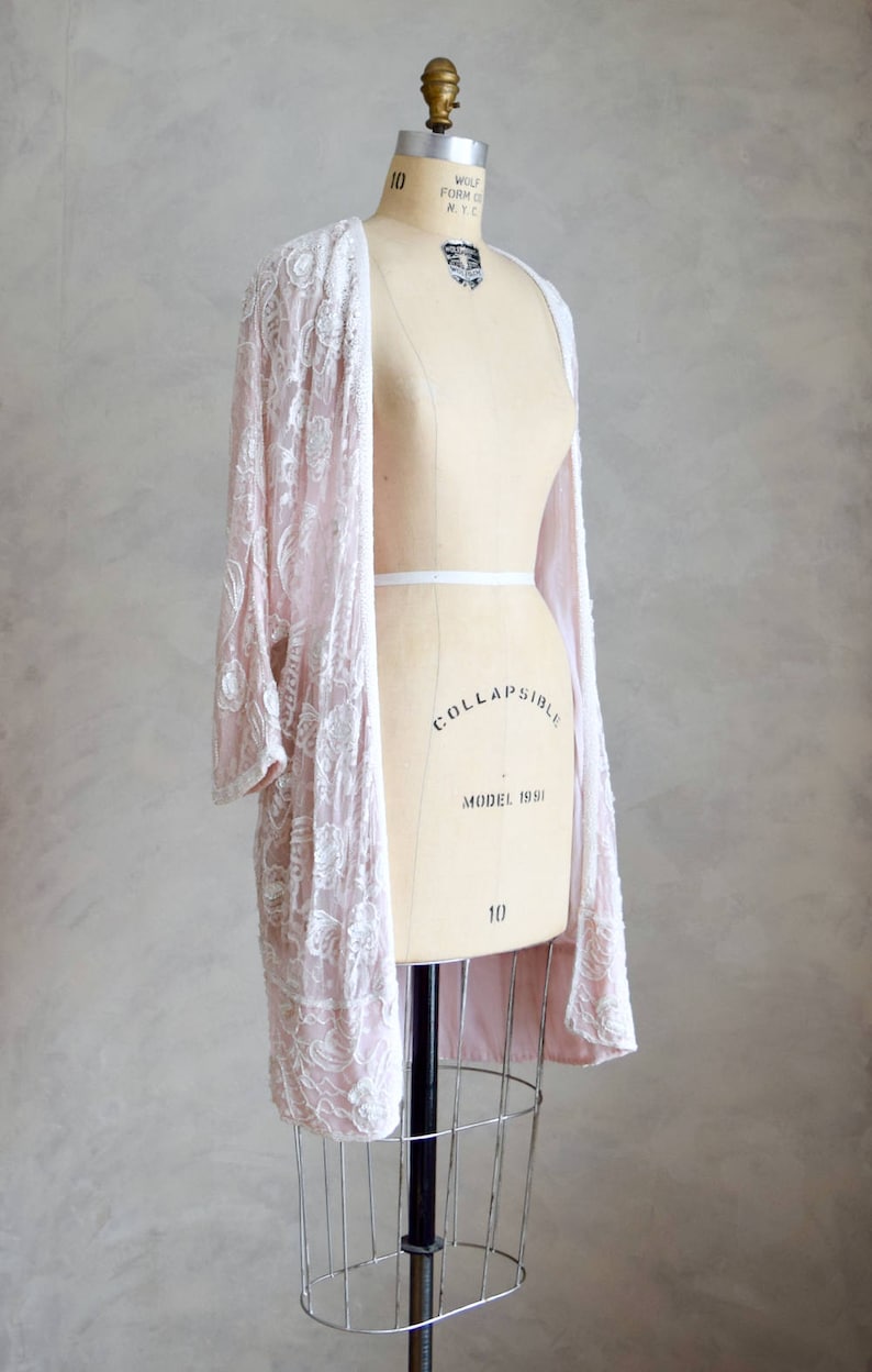vintage embellished cardigan duster boho beaded bridal coverup vintage pale pink beaded cocoon coat 80s does 1920s flapper jacket