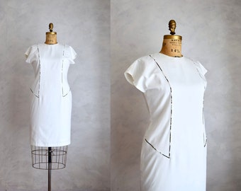 vintage 1980s minimalist white dress | 80s cap sleeve sheath dress | vintage white engagement party or bridal shower outfit