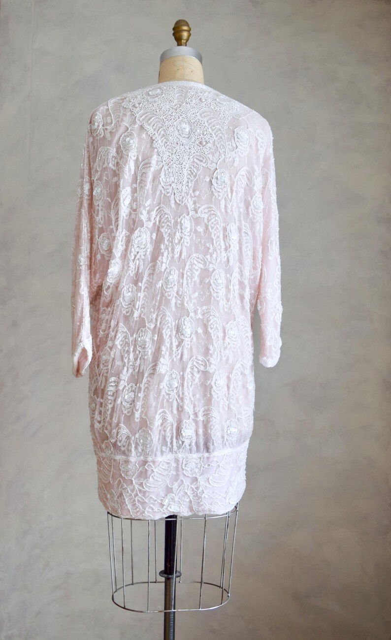 vintage embellished cardigan duster boho beaded bridal coverup vintage pale pink beaded cocoon coat 80s does 1920s flapper jacket