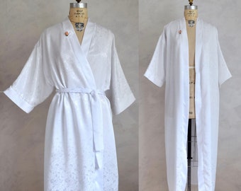 vintage 1980s white satin long belted robe | vintage 80s rose print boudoir wrapper | vintage bride getting-ready kimono robe