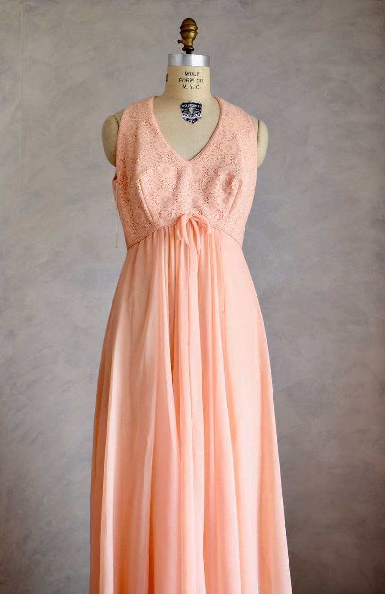vintage lace and chiffon party dress peach bohemian gown vintage NOS 1970s maxi dress