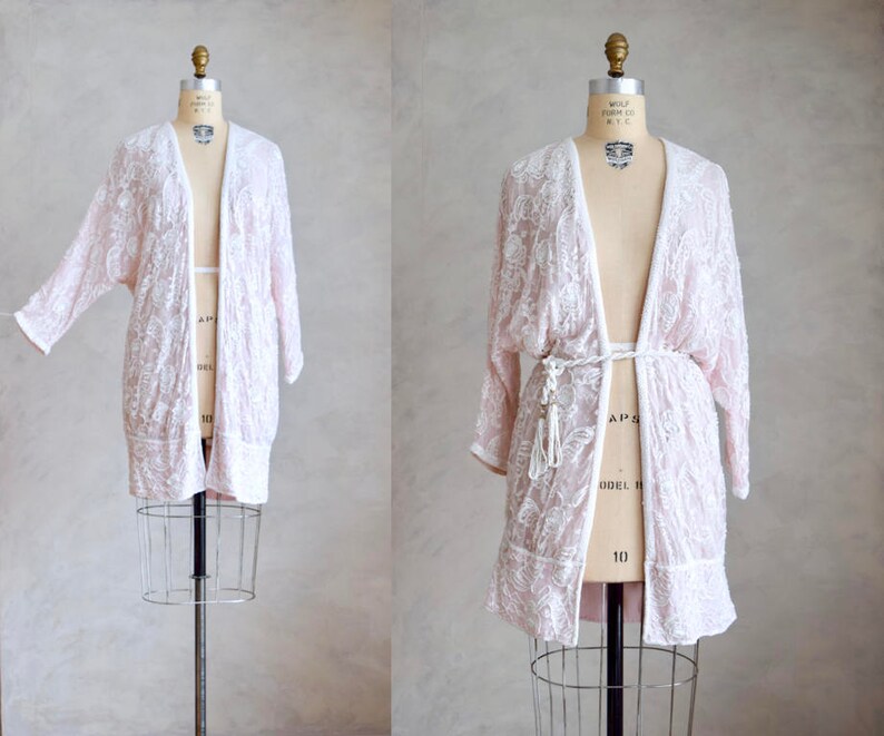 vintage embellished cardigan duster boho beaded bridal coverup vintage pale pink beaded cocoon coat 80s does 1920s flapper jacket
