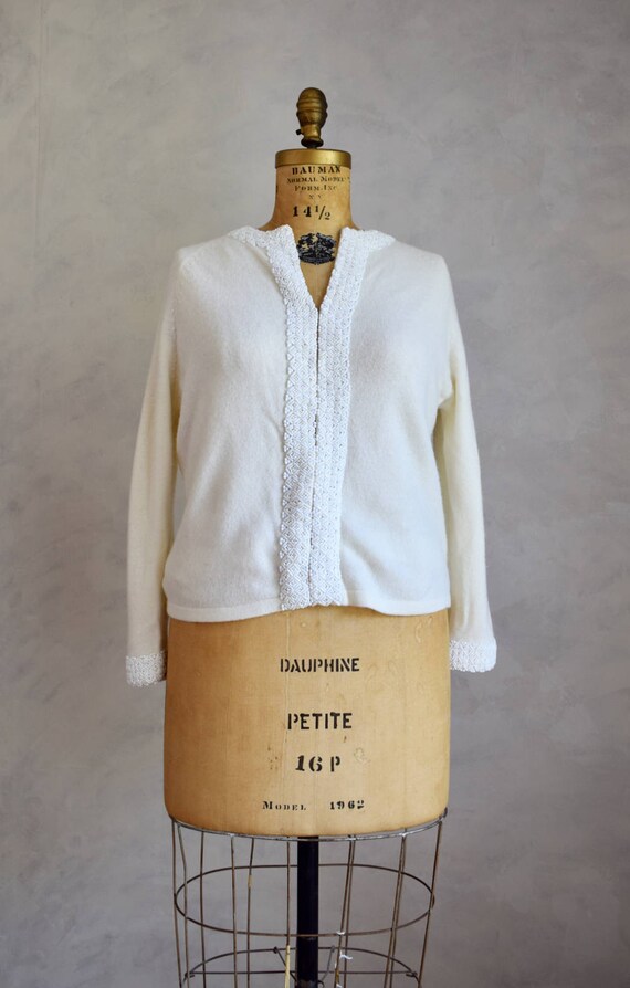 vintage cream white beaded cardigan | 1960s embel… - image 5