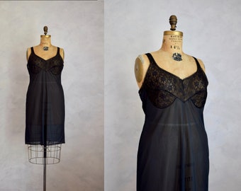 vintage 1960s sheer black slip | vintage 50s 60s nylon and lace fitted full slip | bombshell pin-up lingerie