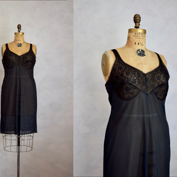 vintage 1960s sheer black slip | vintage 50s 60s nylon and lace fitted full slip | bombshell pin-up lingerie