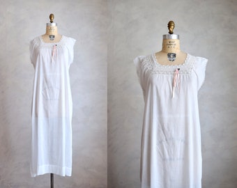 edwardian cotton nightgown | antique cotton and crochet lace dress | embroidered white cotton chemise | antique white cotton summer dress