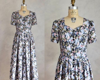 vintage Laura Ashley cottage floral dress | 80s vintage fit and flare dress | vintage floral prarie full skirt dress