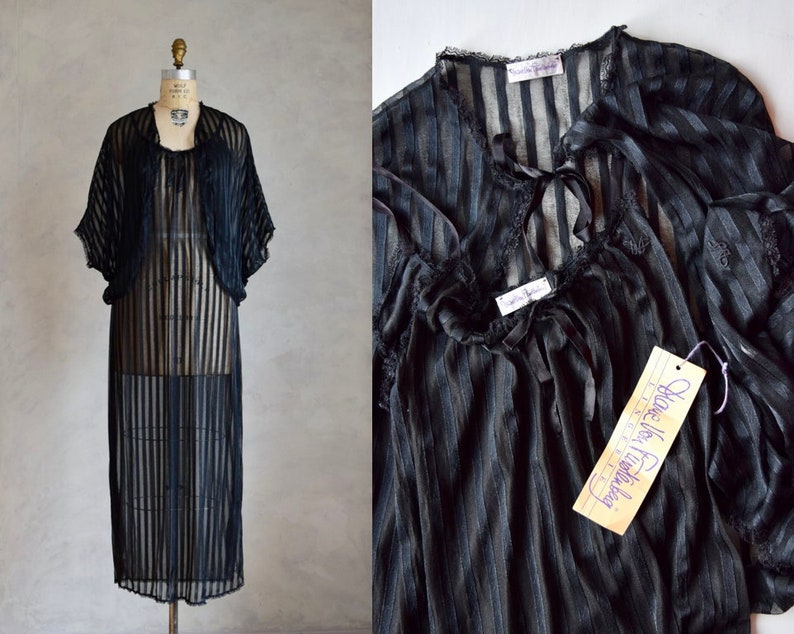 vintage NOS Diane Von Furstenberg peignoir set vintage 1980s DVF nightgown and robe set sheer black negligee and robe image 1