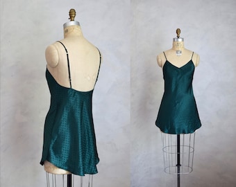 vintage 1990s forest green satin nightie | 80s 90s slip dress negligee | satin bias cut mini nightgown