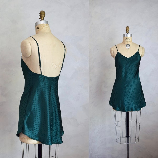 vintage 1990s forest green satin nightie | 80s 90s slip dress negligee | satin bias cut mini nightgown