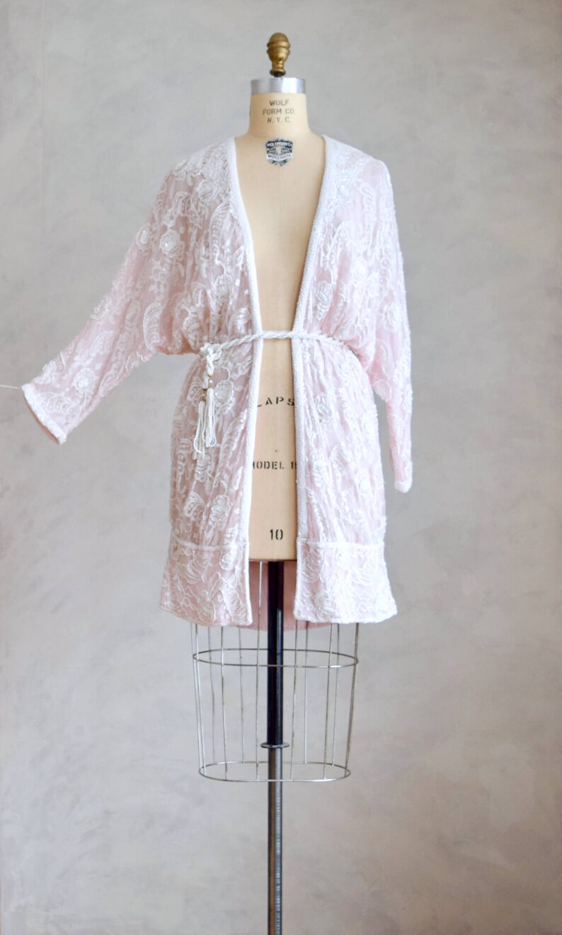 vintage embellished cardigan duster boho beaded bridal coverup vintage pale pink beaded cocoon coat 80s does 1920s flapper jacket