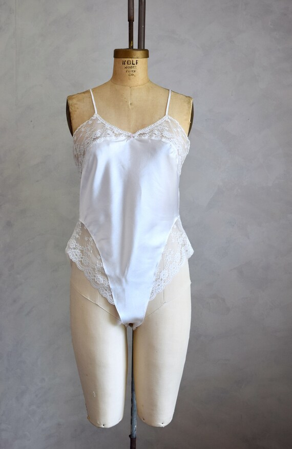 Vintage 1980s NOS White Satin and Lace Romper | 80s Lace and