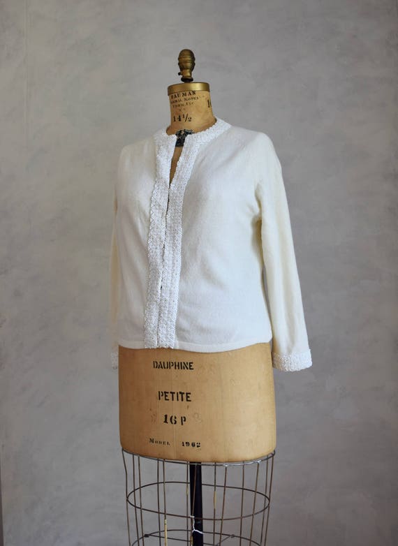 vintage cream white beaded cardigan | 1960s embel… - image 8