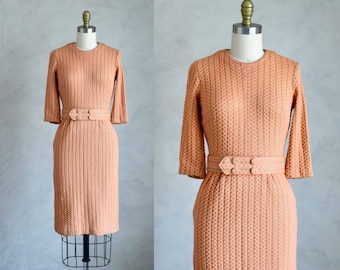 vintage 1960s fitted dress | vintage 60s knit sheath dress in moss green and coral | three quarter sleeve wiggle dress