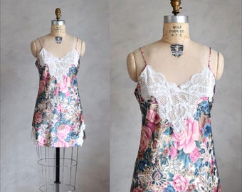 vintage 1990s VICTORIA'S SECRET satin nightie | 80s 90s slip dress negligee | satin bias cut floral mini dress nightgown