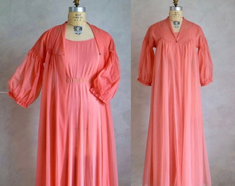 vintage 1960s VANITY FAIR peignoir set | vintage nylon robe and negligee | romantic knife pleat nightgown and dramatic sleeve robe set