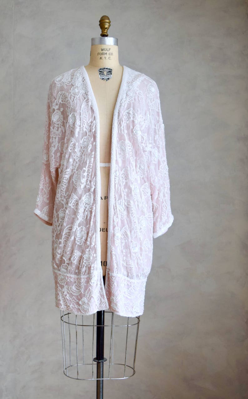 vintage embellished cardigan duster boho beaded bridal coverup vintage pale pink beaded cocoon coat 80s does 1920s flapper jacket