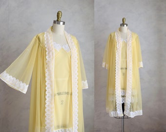 vintage 1960s yellow nylon chiffon and lace peignoir set | vintage 60s 70s trapeze robe and negligee |  romantic boho bridal peignoir set