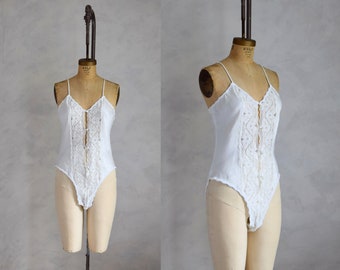 vintage 1980s white satin and lace romper | 80s 90s lace and satin teddy | vintage bodysuit bridal lingerie