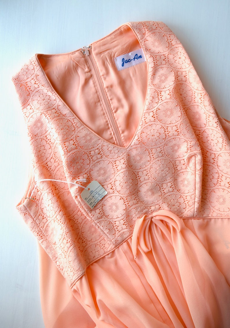 vintage lace and chiffon party dress peach bohemian gown vintage NOS 1970s maxi dress