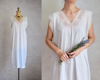 antique cotton nightgown | edwardian white cotton chemise | white cotton nap dress | cotton gauze antique night dress with leaf applique