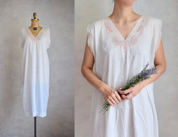 antique cotton nightgown | edwardian white cotton chemise | white cotton nap dress | cotton gauze antique night dress with leaf applique