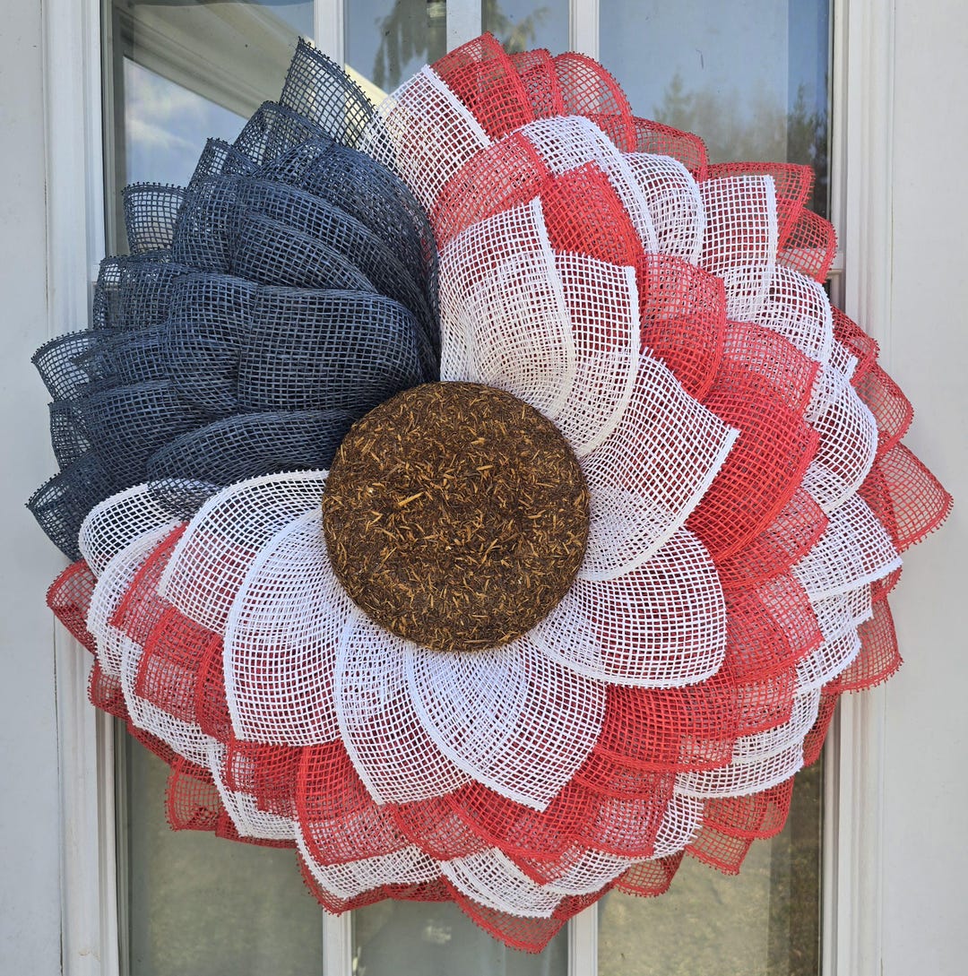 Patriotic Wreath – Red White & Blue Mesh Flower for 4th of July ...