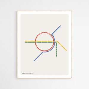 Kopenhagen Metro Print | Kopenhagen Wandkunst | Minimalistischer Kunstdruck | U-Bahn Karte