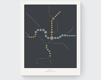 Metrô de Washington DC - Impressão artística giclée - Mapa do metrô - Pôster de viagem - Arte moderna de parede