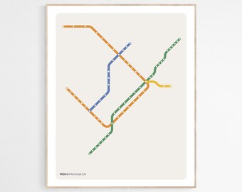 May include: A simplified map of the Montreal Metro system, showing the different lines and their connections. The lines are colored orange, green, blue, and yellow.