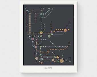 Puede incluir: Un mapa de metro minimalista en blanco y negro del sistema de metro de Nueva York. El mapa muestra las líneas y estaciones del sistema de metro. El texto "NYC Subway New York, NY" está en la parte inferior del mapa.