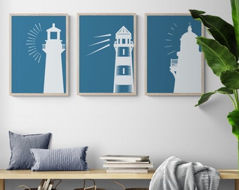 Set of 3 Lighthouse Prints, Coastal Lighthouse Wall Art, Seascape Picture, British Seaside Lighthouse, Lighthouse Poster, Nautical Wall Art