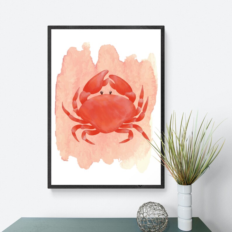 Crab Water Colour Print, Seafood Kitchen Wall Art, Sea Life Art, Coastal Wall Art, Crab Picture, Nautical Print, Foodie Gift, Seafood Poster image 1