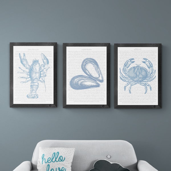 Set 3 Kitchen Prints, Sea Food Wall Art, Lobster, Crab, Coastal Home, Nautical Decor, Kitchen Art, Gift for Foodie, Kitchen Dining Wall Art