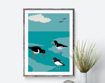 Oyster Catcher Art, Coastal Birds Print, Blue Nautical Wall Art, Seaside Print Décor, Bird Lover Gift, British Bird Print Wall Art