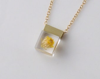 yellow ageratum necklace, contemporary jewelry, minimalist, flower necklace, Stainless Steel chain, dried flower