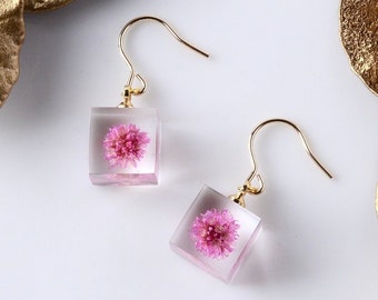 pink knotweed earrings, contemporary jewelry, minimalist, real flower earrings,  hook, dried flower