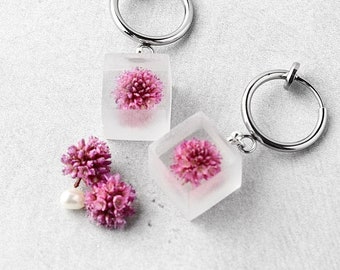 Pink knotweed earrings, minimalist, clip on earrings, free shipping, contemporary jewelry, Stainless steel, dried flower