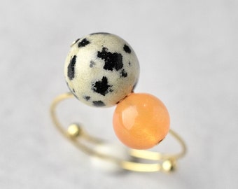 Zweifarbiger Ring, moderner Schmuck, minimalistisch, Dalmatiner Jaspis, Orange Jade, Statement Ring, Geschenk, Schmuck, besonderes Geschenk