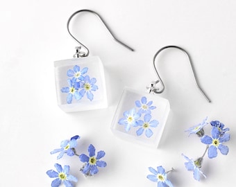 forget-me-not earrings, contemporary jewelry, minimalist, hook earrings, dried flower, dangle & drop earrings