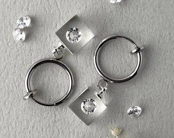 Cubic zirconia earrings, minimalist, clip on earrings, Silver color, free shipping, Stainless steel, contemporary jewelry