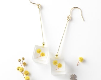 mimosa earrings, contemporary jewelry, minimalist, real flower earrings, hook earrings, mimosa dried flower, real plants