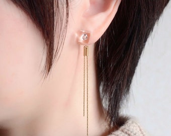 Cubic zirconia, double chain earrings, minimalist, free shipping, stainless steel, metal allergy-safe