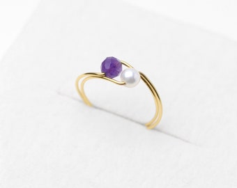 Amethyst and Shell pearl ring, minimalist, statement ring, Stainless steel, free shipping