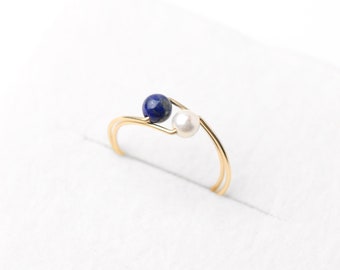 Lapis lazuli and Shell pearl ring, minimalist, statement ring, Stainless steel, free shipping